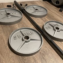 Set Of Olympic Cast Iron Weight Plates & 7 ft 45 lbs Barbell (275 lbs)