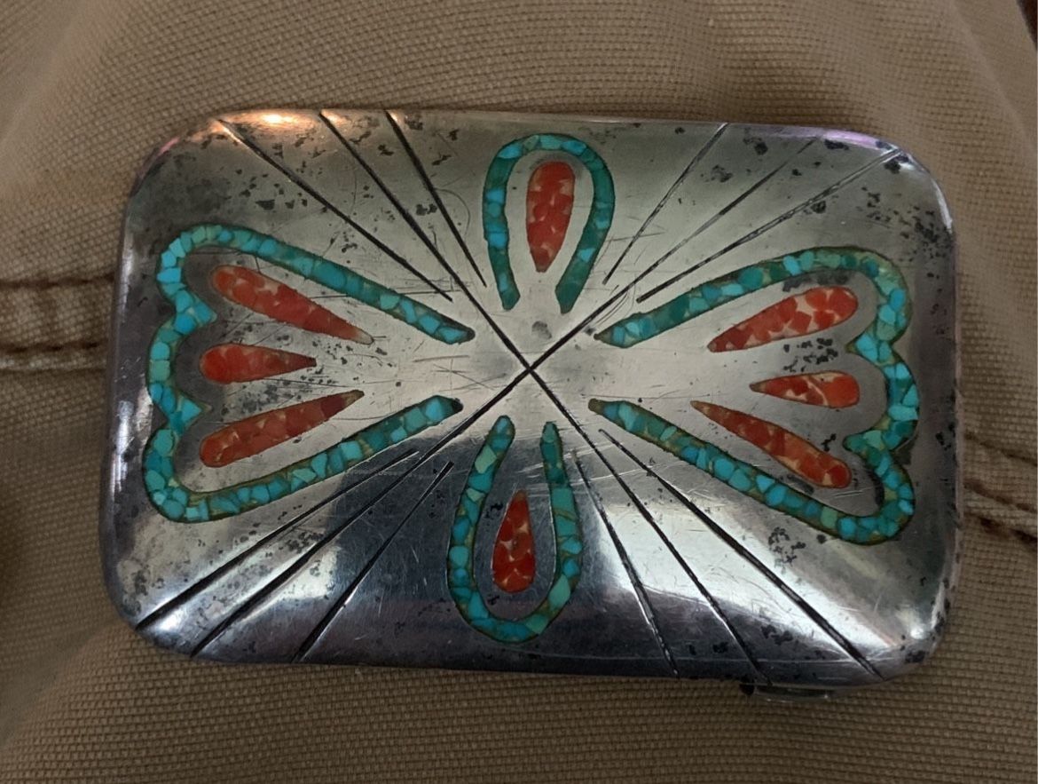VTG Navajo Turquoise And Coral Chip Inlay BIRD Belt Buckle