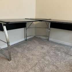 Modern Office Desk L-Shaped Corner Desk Glass, Black Silver