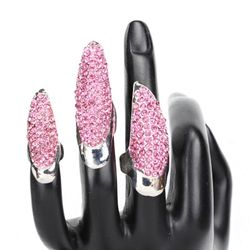 Claw Nail Rings Pink Austrian Crystal set of 3 Nail Rings in Silvertone (one size fits most)