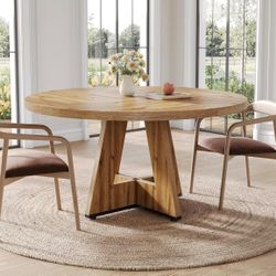 LITTLE TREE Round Dining Table for 4-6 People, 47 Inches Dining Room Table with Wooden Pedestal Base, Modern Dinner Table, Circle Kitchen Tables for D