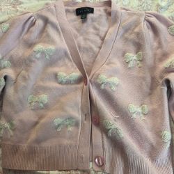 Cropped pink and white bow cardigan 