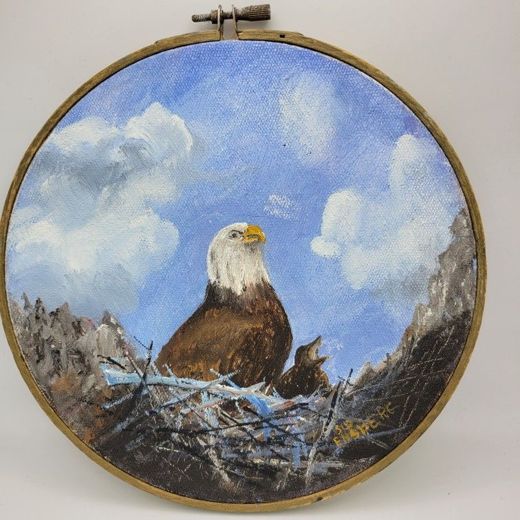 Vintage Sid Ensberg Mama & Baby Eagle Painting 1995 7.5" Diam Wooden Hoop