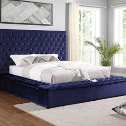 Brand New Velvet Blue Queen Platform Storage Bed Frame (Available In California King)