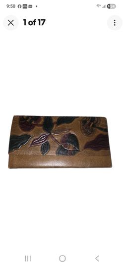 Wallet Leather Vintage Hand Tooled Clutch Wallet Brown Genuine Floral Leaves Checkbook