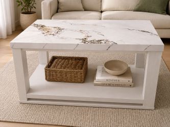 2-Tier Industrial Coffee Table with Storage Shelf for Small Apartment Living Room, Rectangle Wood and Stable Metal TV Stand Side End Table, White Marb