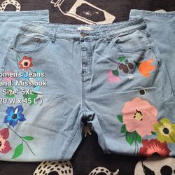 Women's Floral Blue Straight Leg Jeans | Misslook | Size 5XL (20 W x 45 L)