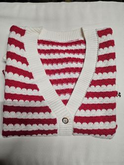 Women's Red and White Striped Knit Cardigan