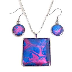 Pink and blue acrylic paint pour necklace and earrings jewelry set NEW
