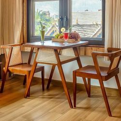 Bistro Rattan Table and Chair Set,Solid Wood Square Dining Room Table with 2 Chairs,Stacking Nesting Table Chair,Compact Kitchen Furniture(80×60×76cm(