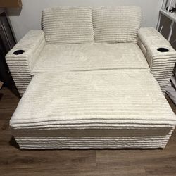 65 Inch Convertible Sofa Bed With Pull-Out Sleeper, Corduroy Fabric, Adjustable Backrest, Hidden Storage Armrests With Cup Holders, Side Table & Charg