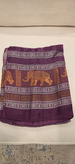 Brand New Thai Lightweight Silk Elephant Purple and Gold Scarf 73x20 Inches