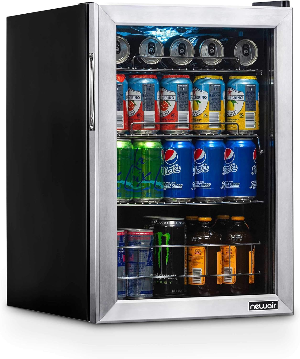 NewAir Beverage Refrigerator Cooler, 90 Can Capacity Fridge in Stainless Steel, Adjustable Shelves and Glass Door, Small Refrigerator, Beer or Soda Ca