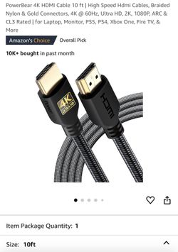 PowerBear 4K HDMI Cable 10 ft | High Speed Hdmi Cables, Braided Nylon & Gold Connectors,