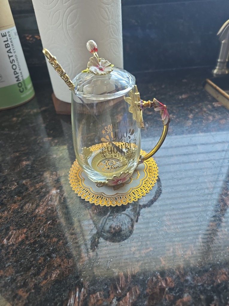 Glass With Ceramic Trim Tea Cup With Spoon And Lid. Coaster Completes This Set!