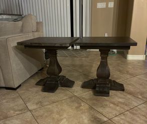 Pair of Bramble Bayside Trestle End Tables (Solid Mahogany, Cocoa Finish)