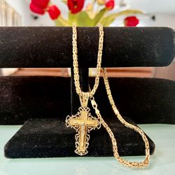 Heavy 54.7g Solid 14k Yellow Gold Fancy Crucifix & 22” Byzantine Chain/Necklace