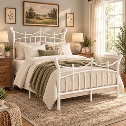 Queen Size Metal Bed Frame, Victorian Crown Style, White