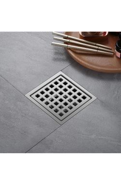 Shower Drain, brushed nickel 4 inch Square Shower Floor Drain with Flange, Silver Removeable Grid Panel SUS 304 Stainless Steel Square Shower Drain