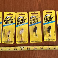 6 Panther Martin trout, Bass, Crappie, Bluegill spinner Fishing Lures, New Old Stock,Made In Dominican Republic