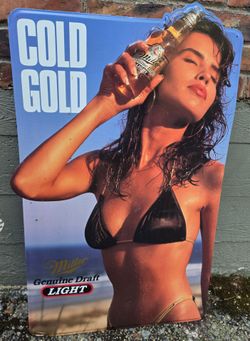 VINTAGE COLD GOLD MILLER GENUINE DRAFT LIGHT SEXY BIKINI GIRL TIN STAMPED BAR DECOR