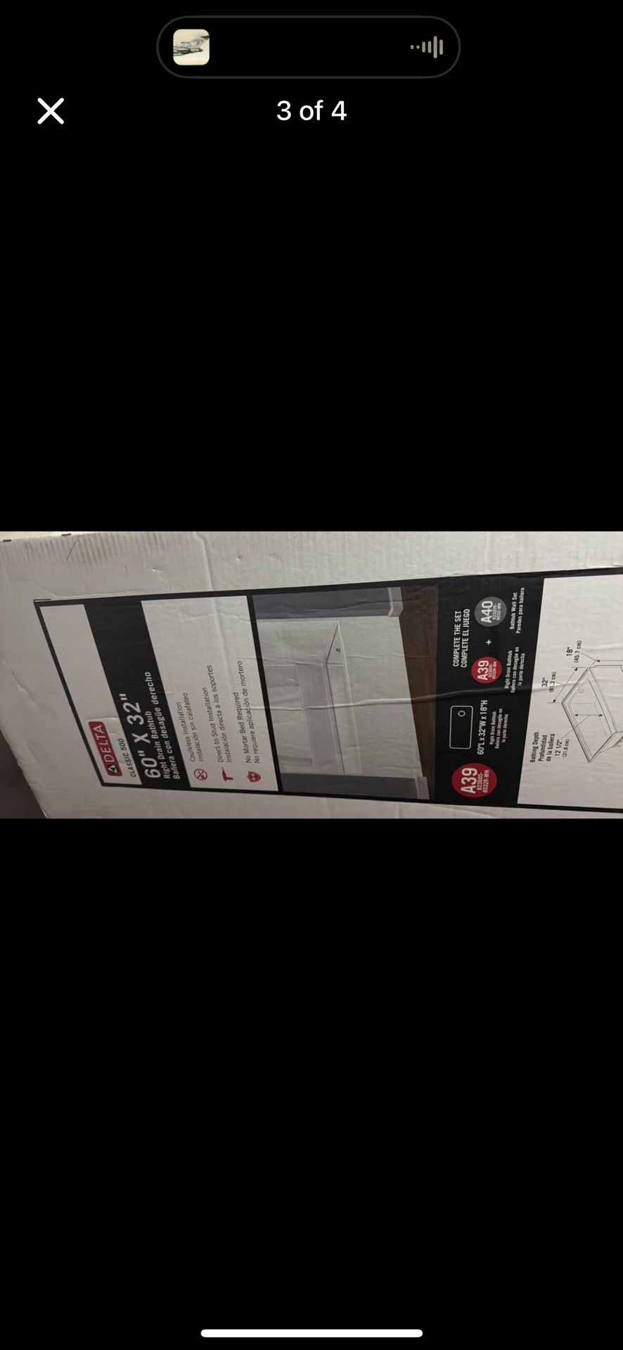 Delta Acrylic tub 60”x32”