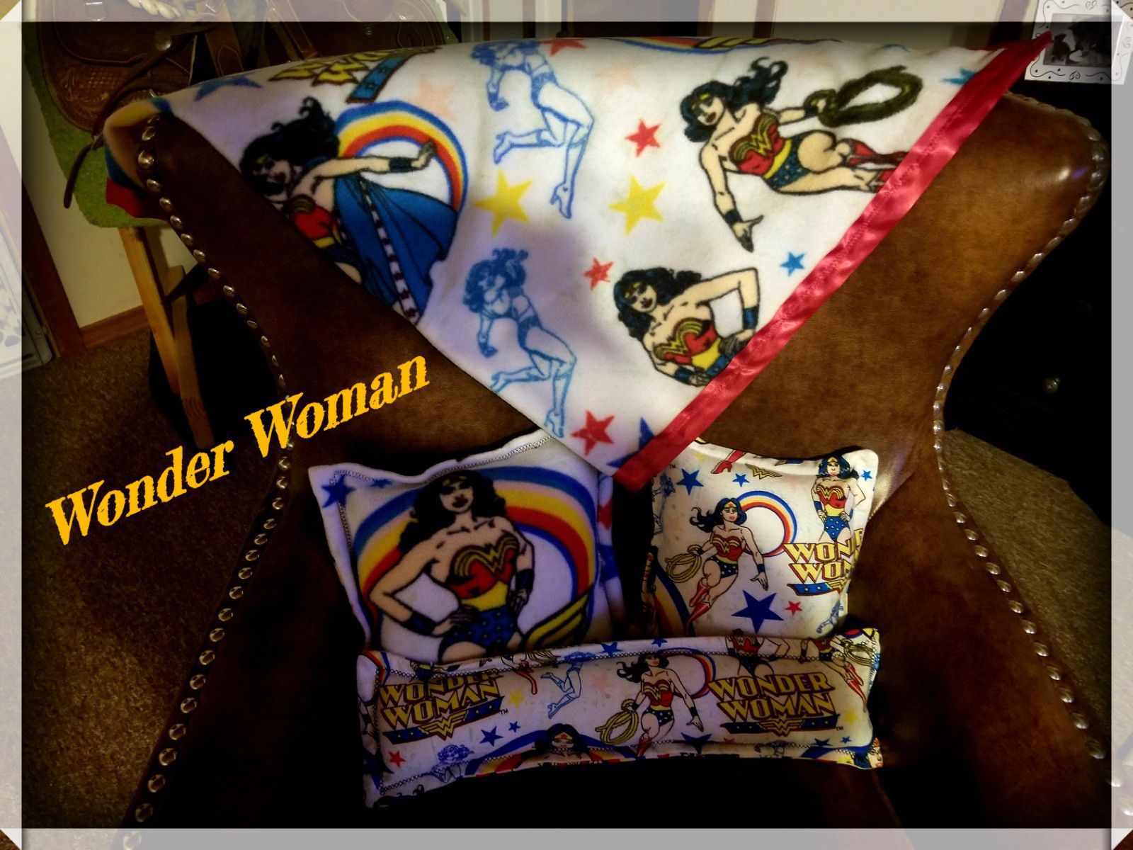 Homemade Wonder Woman pillow and blanket set