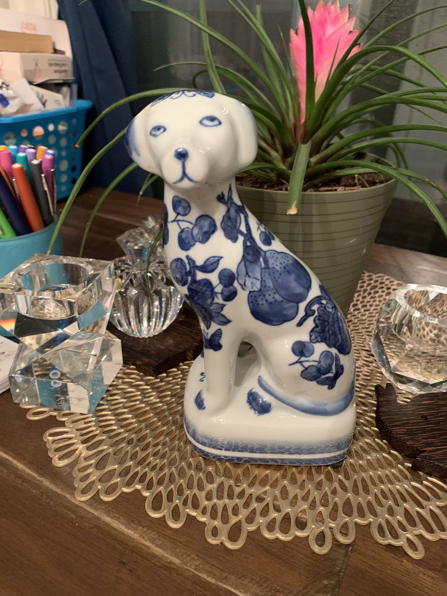Vintage Chinoiserie Staffordshire Style Blue and White Porcelain Dog Figurine