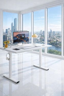 One-Piece Standing Desk , 48"x30" Electric Height Adjustable  Multi-Monitor Setups White D-2