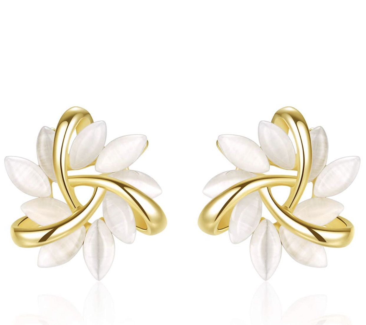Flower Stud Earrings For Women Girls With White Moonstone Petal-Shaped Gold