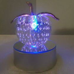 Vintage Bubble Glass Apple with Brass Leaf Paperwight on Modern Lighted Display Stand