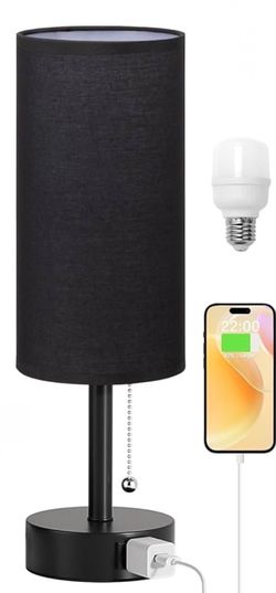 Black Bedside Table Lamp. 2-3 Color Temperatures, Pull Chain Lamp with AC Outlet Charging Port, Round Night Stand Lamp for Bedroom | Office, with E26 