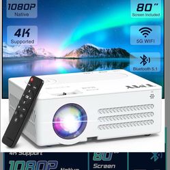 TMY Projector with WiFi and Bluetooth【80" screen included】Native 1080P Outdoor Projector, 4K Supported Portable Projector, Compatible with iOS/Android