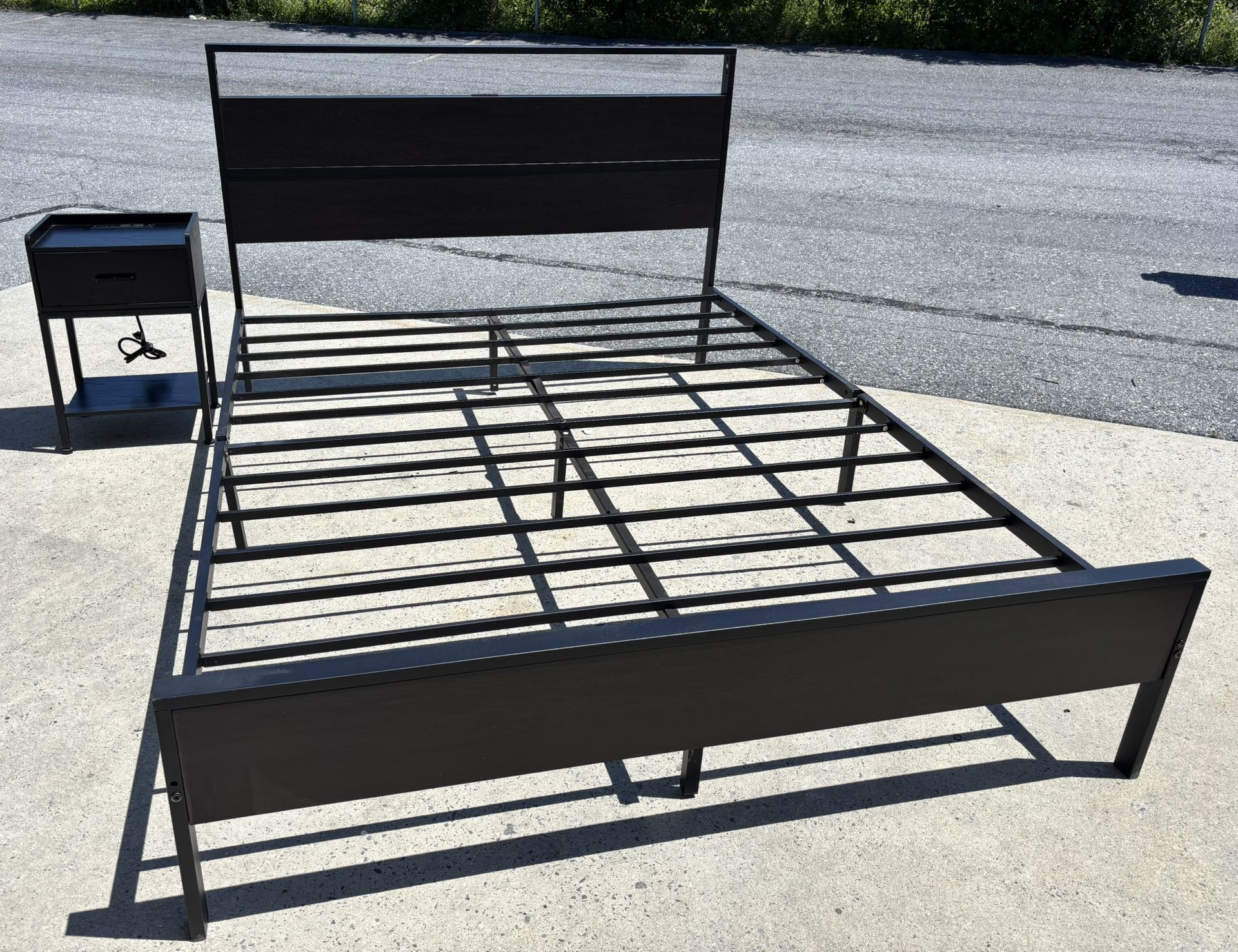 Metal Bed Frame Queen Size with Wooden Headboard & Footboard, usb charging station + nightstand 