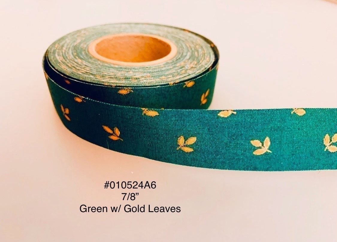 5 Yds of 7/8” Vintage Cotton Ribbon w/ Gold Leaves #010524A6
