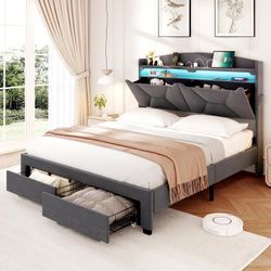 Full Size Bed Frame, Full Bed Frame, Upholstered Bed Full Size with Charging Station and LED Lights, Easy Assembly, Grey