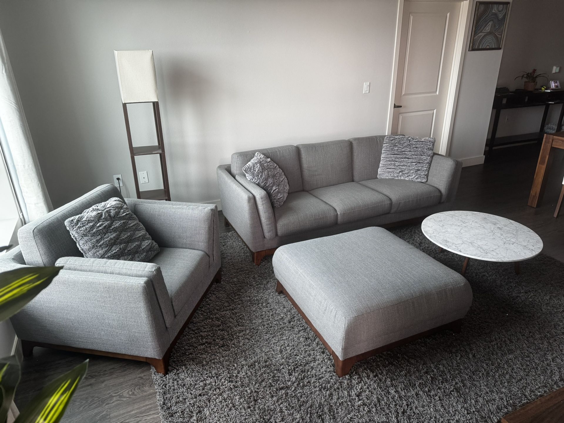 Article Ceni Living Room Set – Sofa, Chair, Ottoman, Marble Coffee Table & Pillows