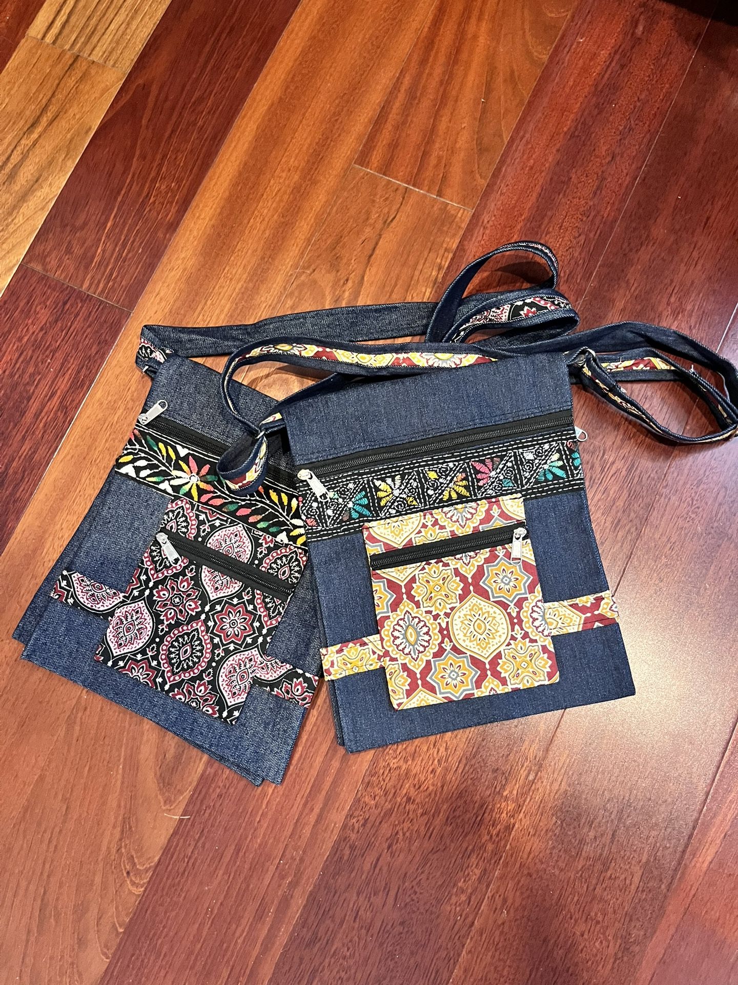new cross body Purses zippers & blue jean with motif patterns