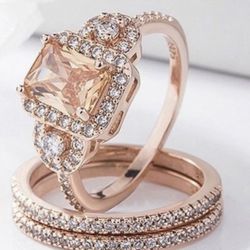 Luxurious Rose Gold Over 925 Sterling Silver Emerald Cut Morganite And White Sapphire Timeless Engagement WeddingBand Set 