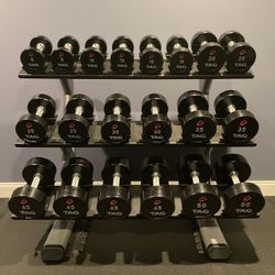 TAG Urethane Dumbbells Complete 5-50 Lb Set With 3-tier Precor Rack - Retails for Over $4,500