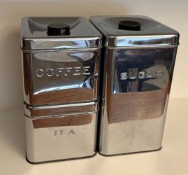 Vintage Chrome Kitchen Canister Set – "Tea, Coffee, Sugar" (3 Pieces)