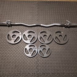 CAP OLYMPIC CURL BAR & 50lbs CAP OLYMPIC GRIP PLATES  $90 FIRM- See DESCRIPTION for DETAILS & DIMENSIONS ( Tap "SEE MORE" )