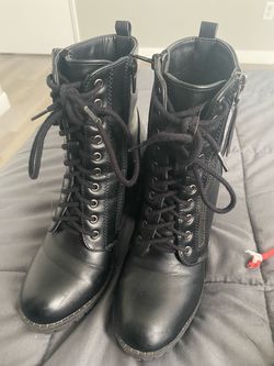 Black Lace-Up Combat Boots with Side Zip