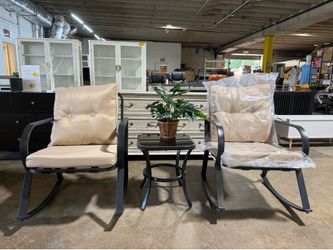 Brand new 3-Piece Outdoor Rocking Chairs Bistro Set, Black Iron Patio Furniture with Brown Thickened Cushion & Glass-Top Coffee Table $99  Pickup: 📍 