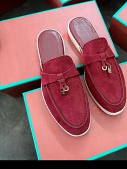 Burgundy Suede Mule Loafers with Lock Charm