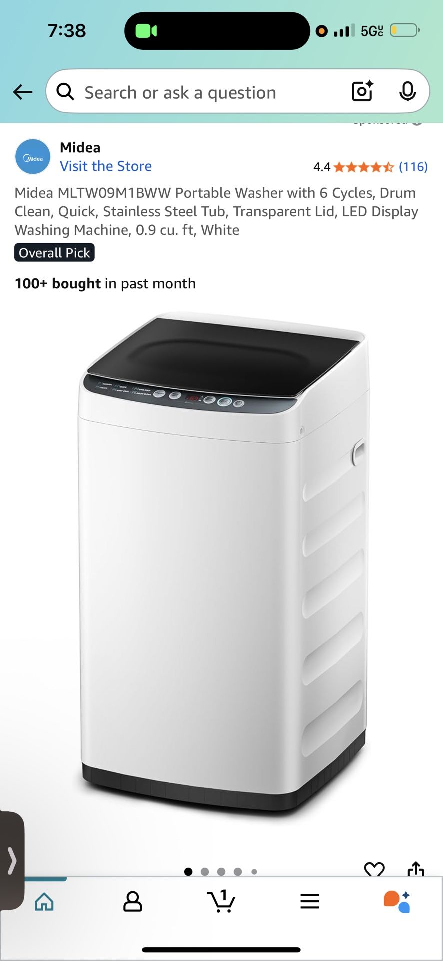 Midea MLTW09M1BWW Portable Washer with 6 Cycles, Drum Clean,