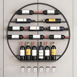 HDROGUV Wall Mounted Wine Rack, Large Metal Wine Glass Shelf Round Modern Wine Display Storage Rack 16 Bottle Floating Wine Bottle Organizer for Home 