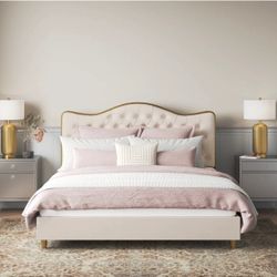 Velvet Cream & Gold Queen Bedframe + Gel Memory Foam Mattress 