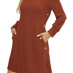 Long Sleeve Dress for Women Basic Crew Neck Tunic Dresses with Pockets Button