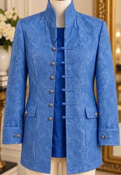 Blue Jacquard Mandarin Collar Jacket